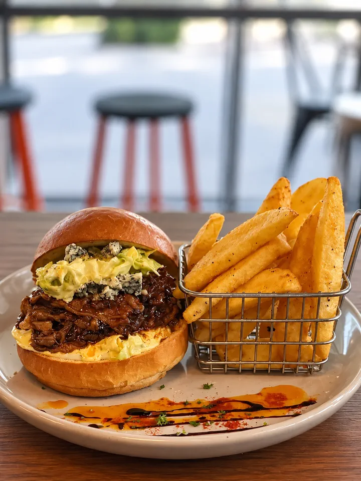 Burger and fries served on a plate at Hood Street Bistro